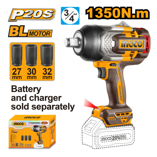 CHAVE DE IMPACTO ENCAIXE QUADRADO 3/4” 1350N.m À BATERIA ÍON-LÍTIO 20V INGCO CIWLI201351 (NÃO ACOMPANHA BATERIA)