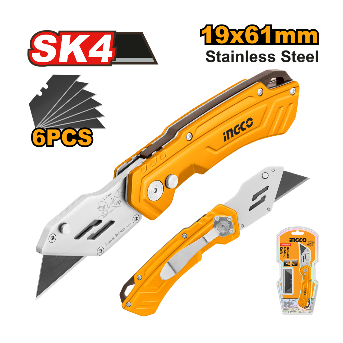 ESTILETE TRAPEZOIDAL DOBRÁVEL EM AÇO INOX LAMINA 61MMX19MM INGCO HUK6288