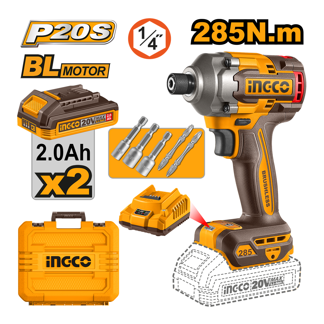 PARAFUSADEIRA DE IMPACTO ENCAIXE SEXTAVADO 1/4” 285N.m À BATERIA ÍON-LÍTIO 20V C/2 BAT 2.0Ah INGCO Ref.: CIRLI2028-9