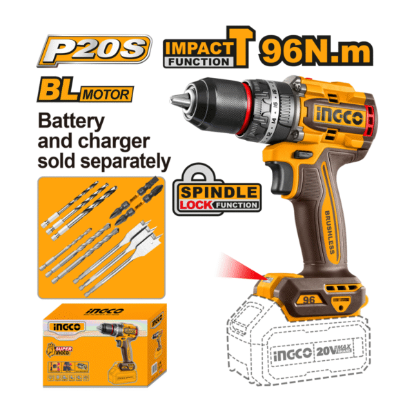 PARAFUSADEIRA E FURADEIRA COM IMPACTO 1/2” 96.N.m  ÍON-LÍTIO 20V + CONJUNTO DE BROCAS INGCO (NAO ACOMPANHA BATERIA) CIDLI209681