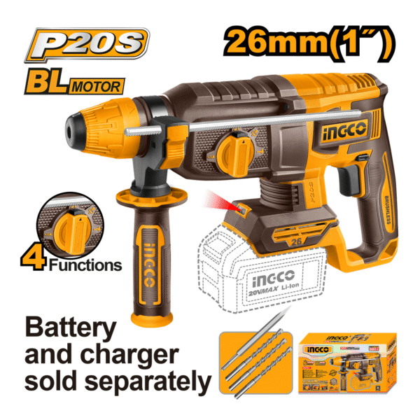 MARTELETE ROTATIVO BRUSHLESS 2‚5J SDS PLUS À BATERIA 20V INGCO CRHLI20268 (NAO ACOMPANHA BATERIA)