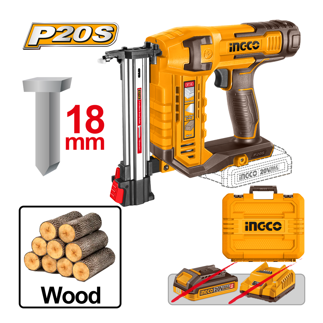 PINADOR ST18MM (18MM) À BATERIA 20V INGCO CSTLI3805 (NAO ACOMPANHA BATERIA)