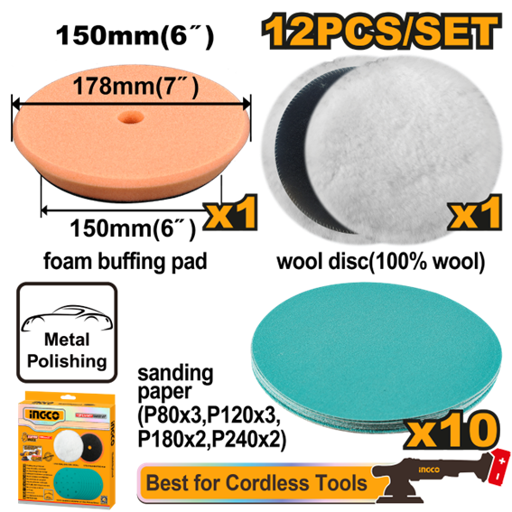 JOGO DE ACESSSÓRIOS PARA POLITRIZ 150MM C/12PC INGCO APG15012