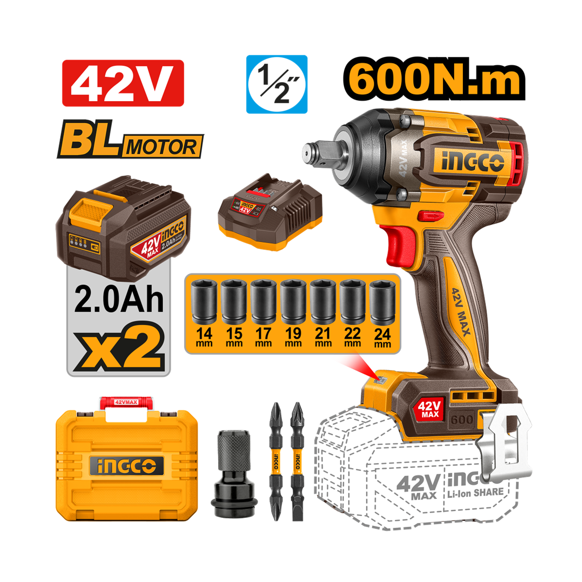 CHAVE DE IMPACTO ENCAIXE QUADRADO 1/2” 600N.m À BATERIA ÍON-LÍTIO 42V C/2 BAT 2.0Ah INGCO CIWLI42602