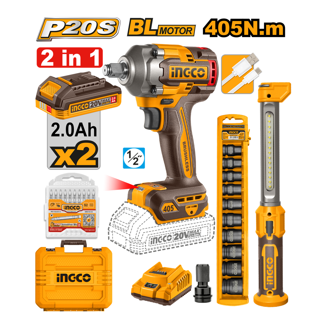 COMBO CHAVE DE IMPACTO ENCAIXE SEXTAVADO 1/2” 405N.m À BATERIA ÍON-LÍTIO 20V C/2 BAT 2.0Ah + LAMPADA DE TRABALHO LED 3,6B + JG SOQ DE IMPACTO C/10PC + ADAPT 1/2" PARA 1/4" + JG C/10 BITS 65MM INGCO COSLI23056-9