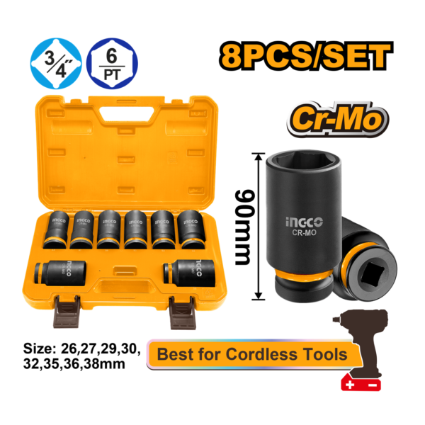 JOGO SOQUETE IMPACTO 3/4" 90MM C/8PC INGCO Ref: HKISSD34082L
