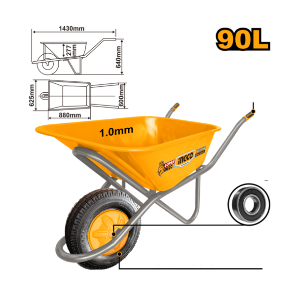 CARRINHO DE MAO 90L PNEU MACICO CAPAC 160KG CHAPA 1,00MM INGCO HHWB418GP
